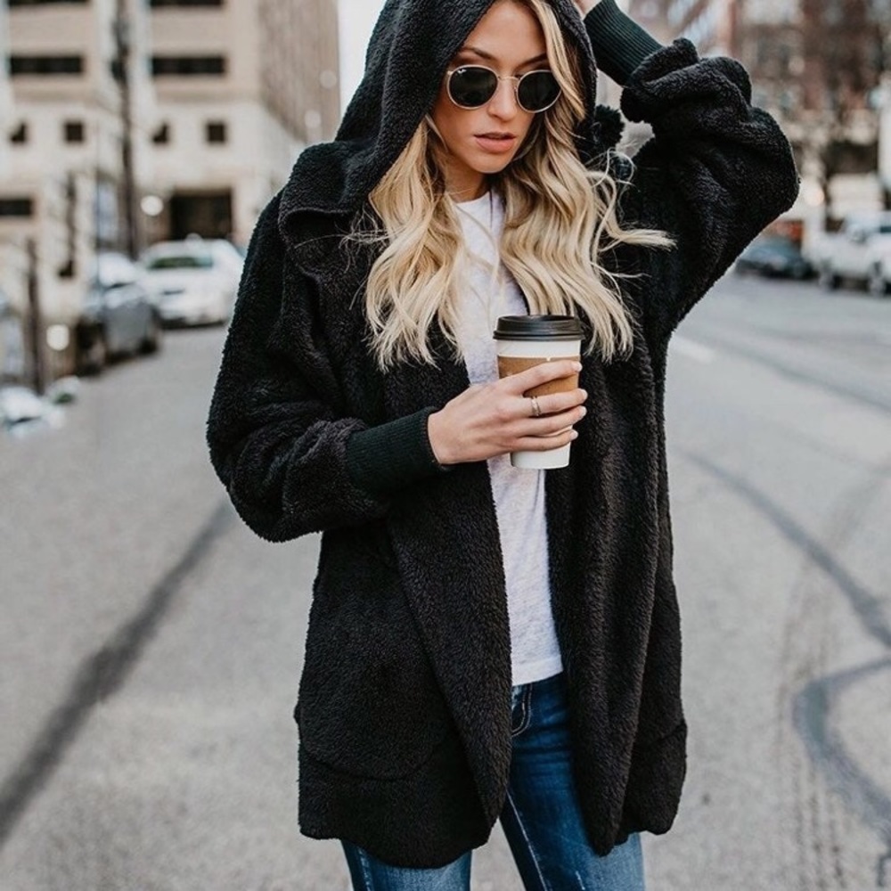 Black plush hooded jacket sweater